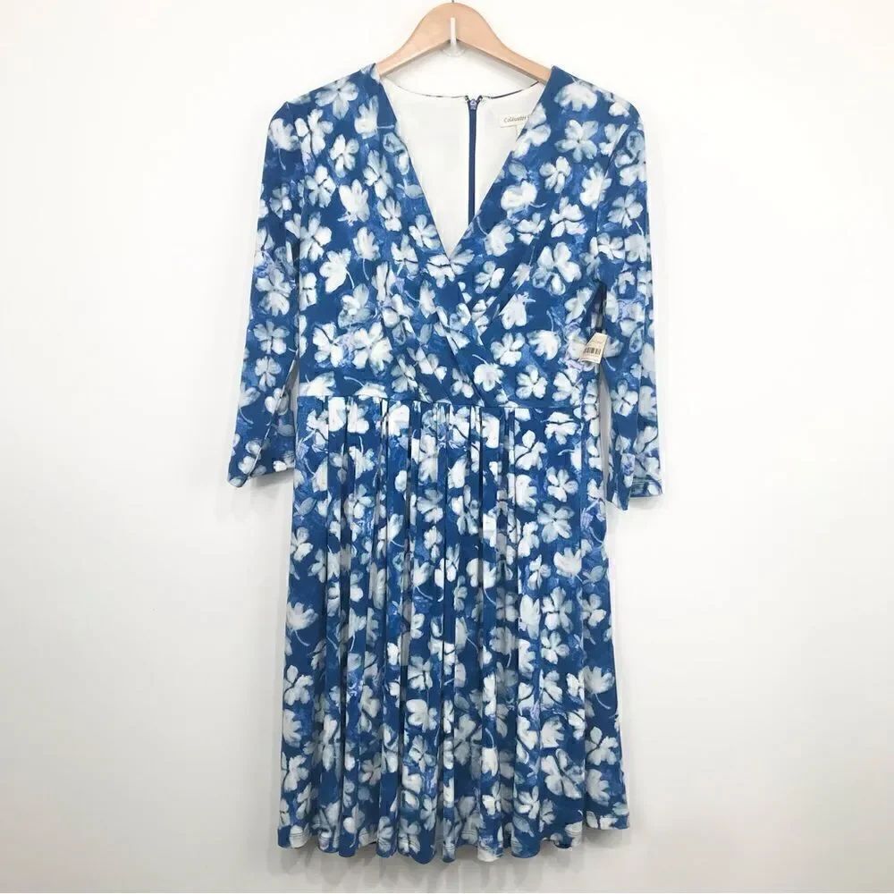 Coldwater Creek Summer Skies Floral Blue and White A Line Dress